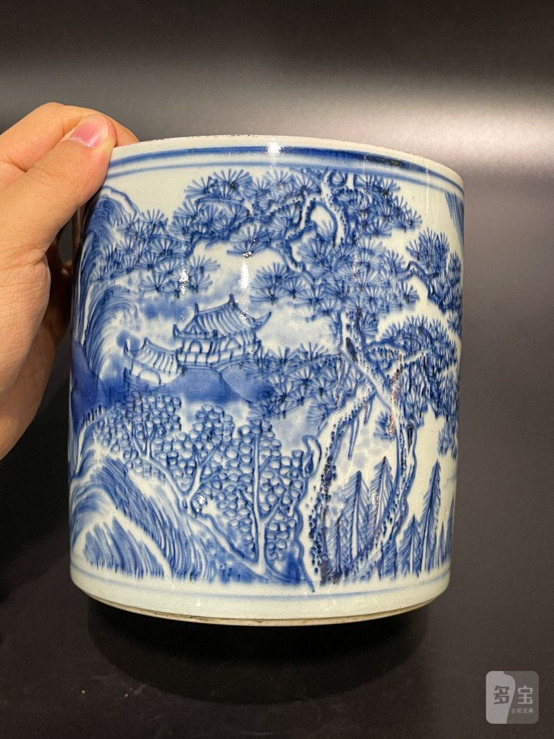 清康熙 青花山水松阁图笔筒 - 图6